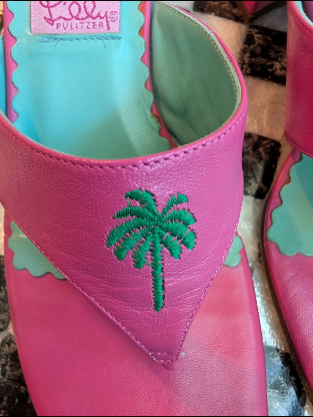 Lilly Pulitzer Pink Palm-Embroidered Thong Sandals with Mint Insoles - Picture 2 of 5